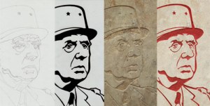 Portrait: dessin, interprétation noir et blanc, gravure en creux et fond plat, mise en couleur.